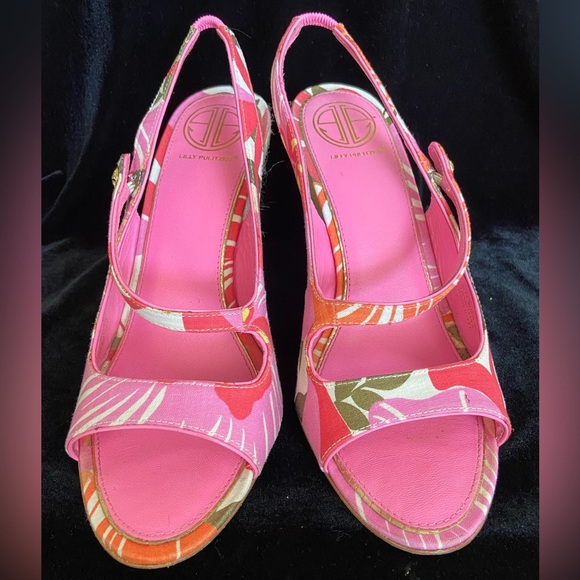 Lilly Pulitzer Espadrille Sling Back Wedge Logo Pink Floral Peep Toe sz 9M - Picture 11 of 13